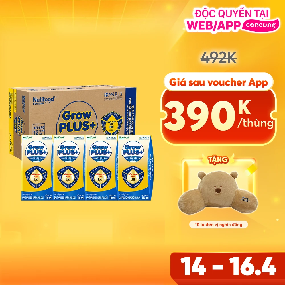 Thùng Sữa GrowPLUS+ Sữa non Vàng hộp 110ml (lốc 4 hộp)