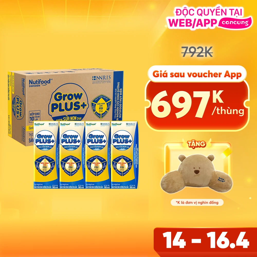 Thùng Sữa GrowPLUS+ Sữa non Vàng 2+ hộp 180ml (lốc 4 hộp)