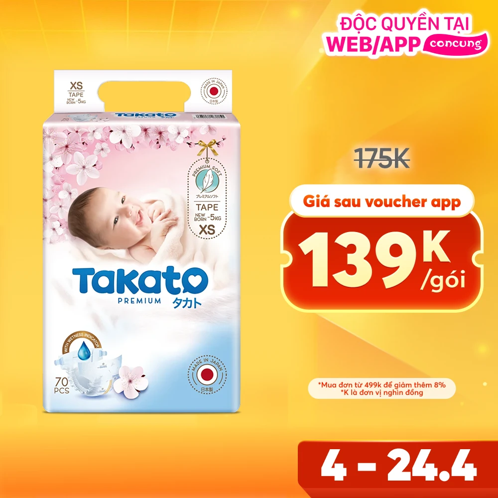 Tã dán Nhật Bản Takato siêu mềm mại (XS, 70 miếng)