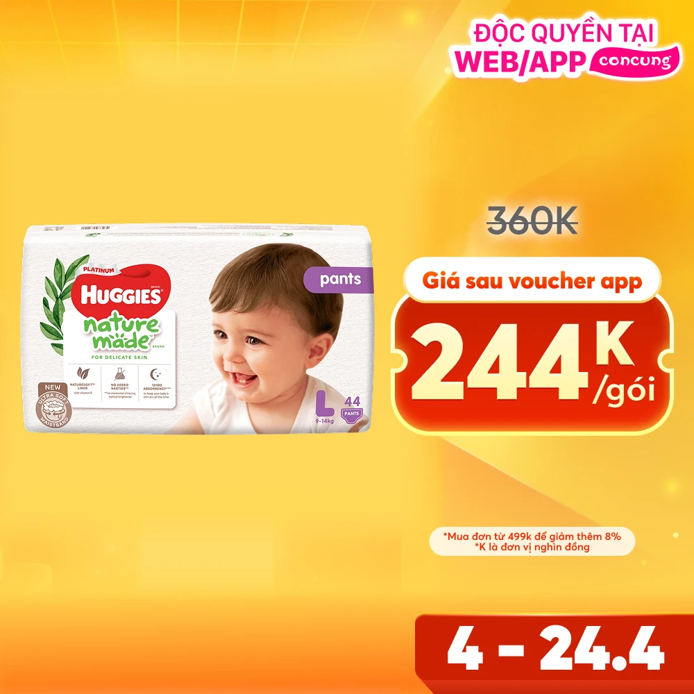 Bỉm tã quần Huggies Platinum Nature Made L size 44 miếng (9-14kg) (giao bao bì ngẫu nhiên)