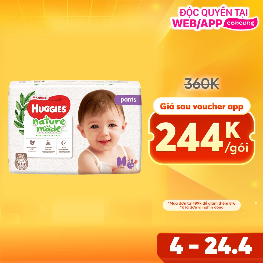 Bỉm tã quần Huggies Platinum Nature Made M size 58 miếng (6-11kg) (giao bao bì ngẫu nhiên)