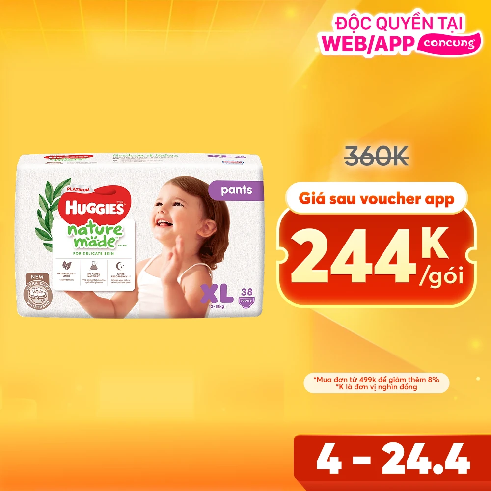 Bỉm tã quần Huggies Platinum Nature Made size XL 38 miếng (12-18kg) (giao bao bì ngẫu nhiên)