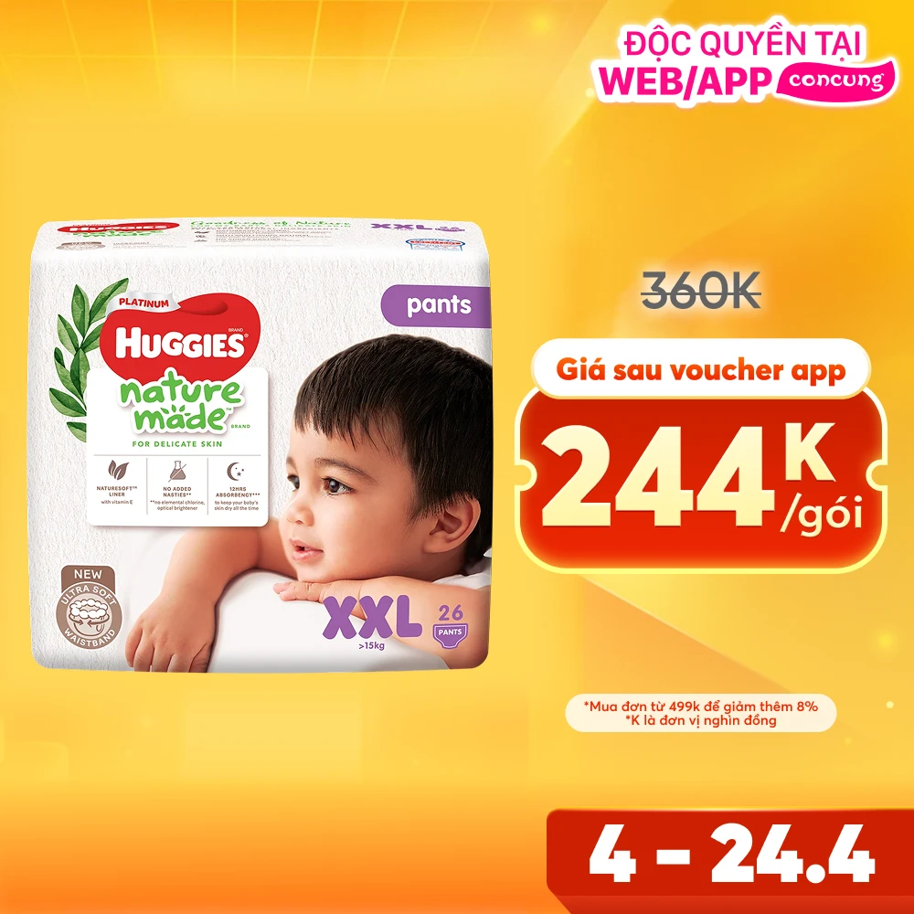 Bỉm tã quần Huggies Platinum Nature Made size XXL 26 miếng (trên 15kg) (giao bao bì ngẫu nhiên)