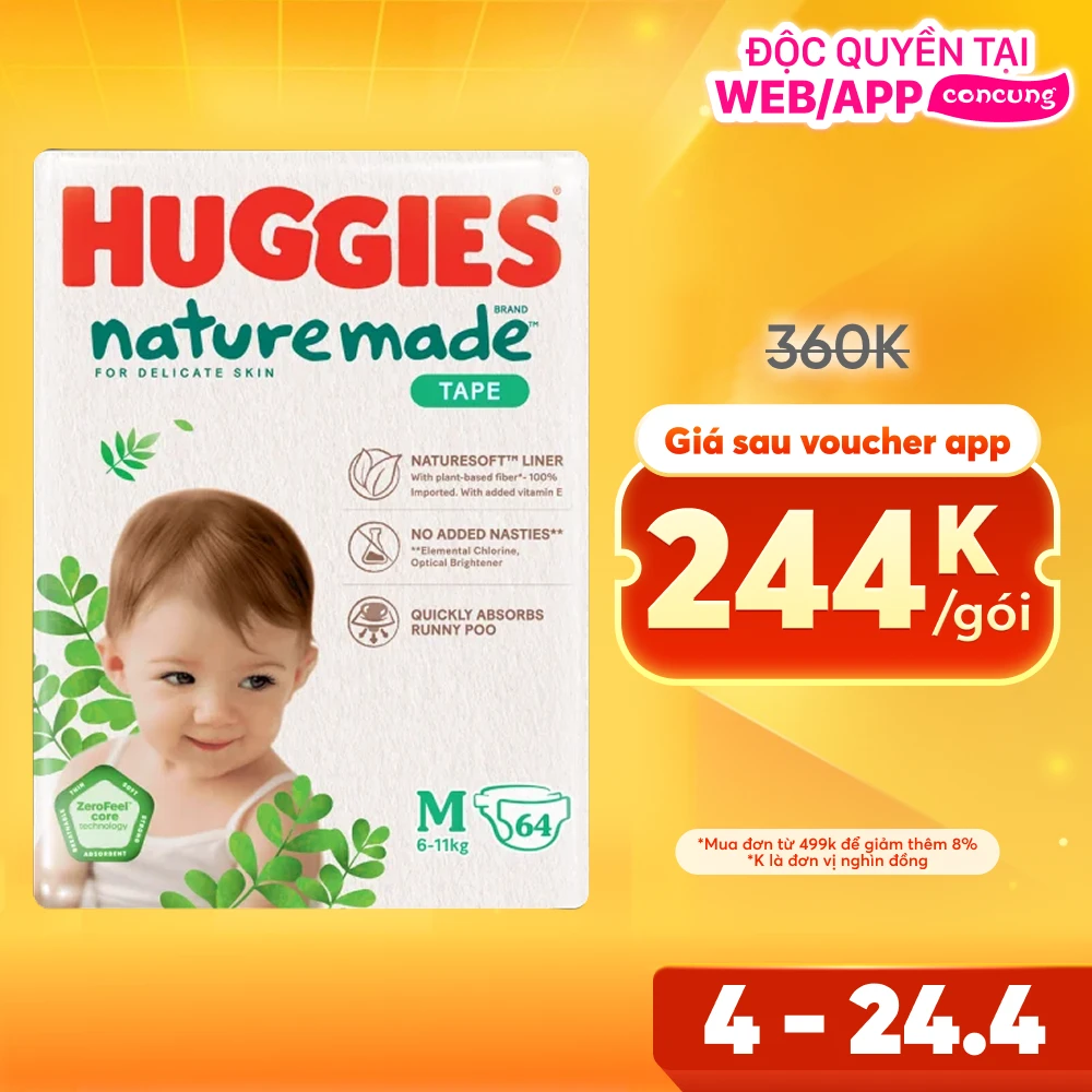 Bỉm tã dán Huggies Platinum Nature Made size M 64 miếng (6-11kg) (giao bao bì ngẫu nhiên)