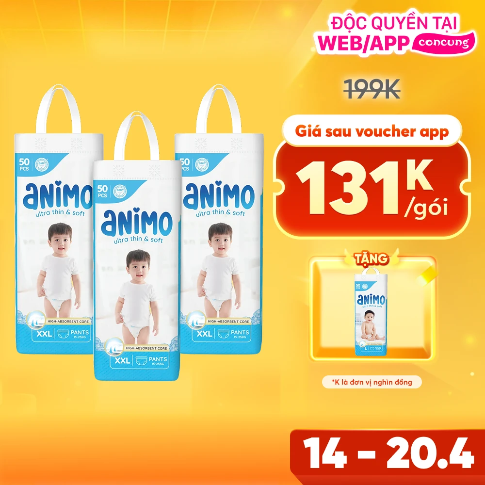 Combo 3 tã Quần Animo Siêu Mềm Thoáng (XXL, 50 miếng)