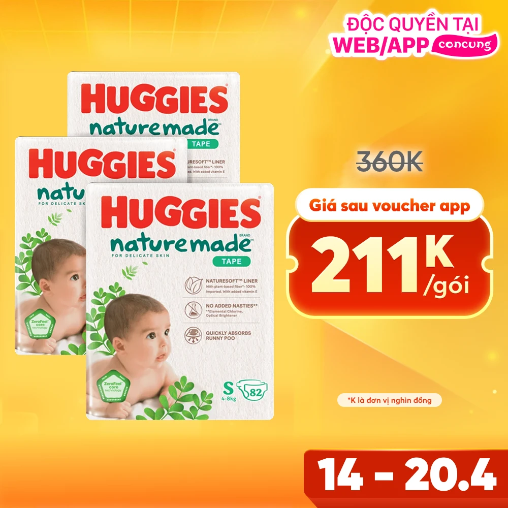 Combo 3 Bỉm tã dán Huggies Platinum Nature Made size S 82 miếng (4-8kg) - Giao bao bì ngẫu nhiên