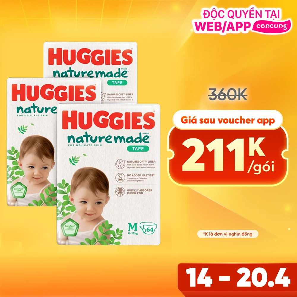 Combo 3 bỉm tã dán Huggies Platinum Nature Made size M 64 miếng (6-11kg) - Giao bao bì ngẫu nhiên