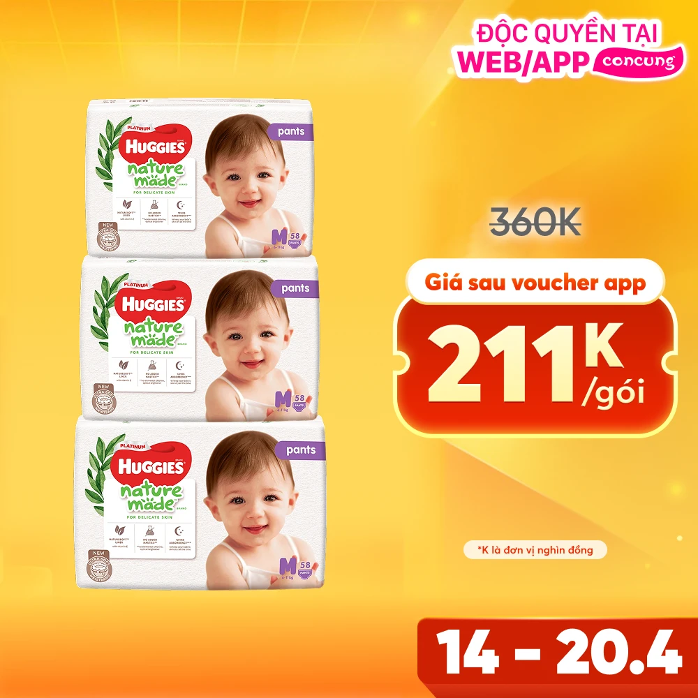 Combo 3 gói Bỉm tã quần Huggies Platinum Nature Made M size 58 miếng (6-11kg)