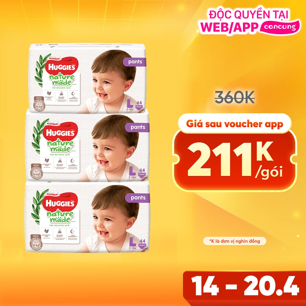 Combo 3 gói Bỉm tã quần Huggies Platinum Nature Made L size 44 miếng (9-14kg)