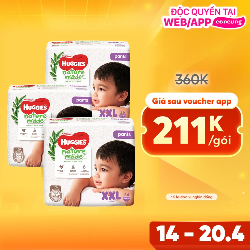 Combo 3 gói Bỉm tã quần Huggies Platinum Nature Made size XXL 26 miếng (trên 15kg)