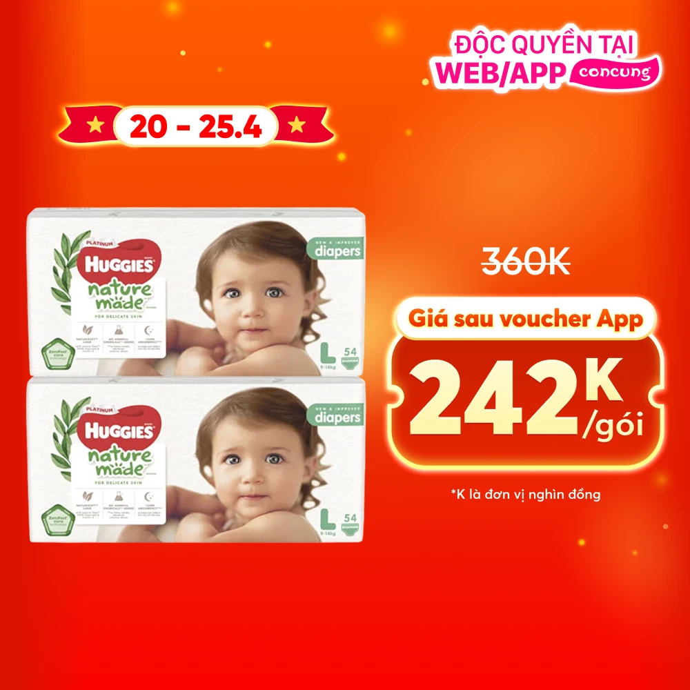Combo 2 bỉm tã dán Huggies Platinum Nature Made size L 54 miếng (9-14kg)