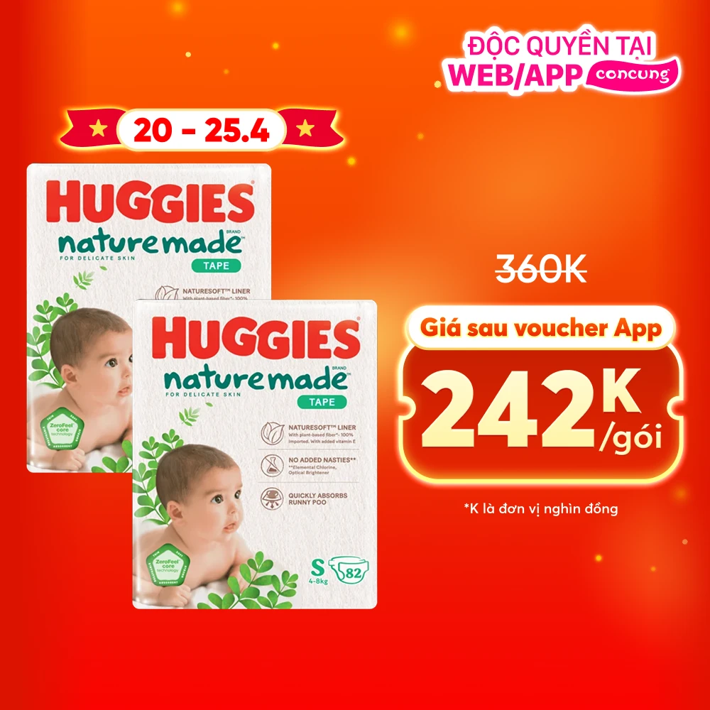 Combo 2 bỉm tã dán Huggies Platinum Nature Made size S 82 miếng (4-8kg) (giao bao bì ngẫu nhiên)