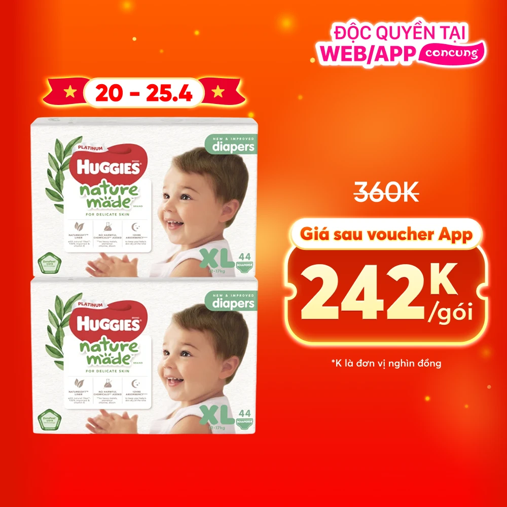 Combo 2 bỉm tã dán Huggies Platinum Nature Made size XL 44 miếng (12-17kg)
