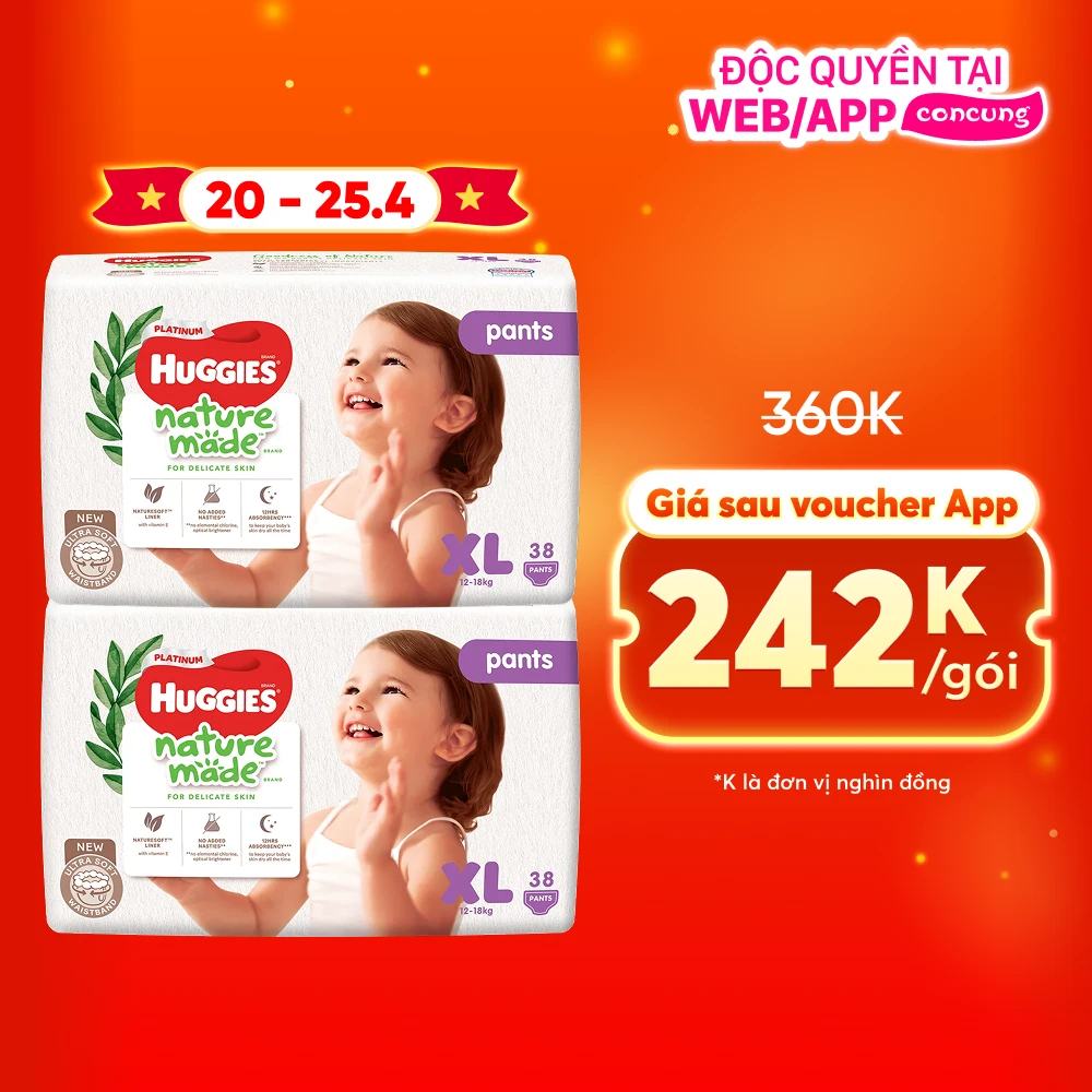 Combo 2 gói Bỉm tã quần Huggies Platinum Nature Made size XL 38 miếng (12-18kg)