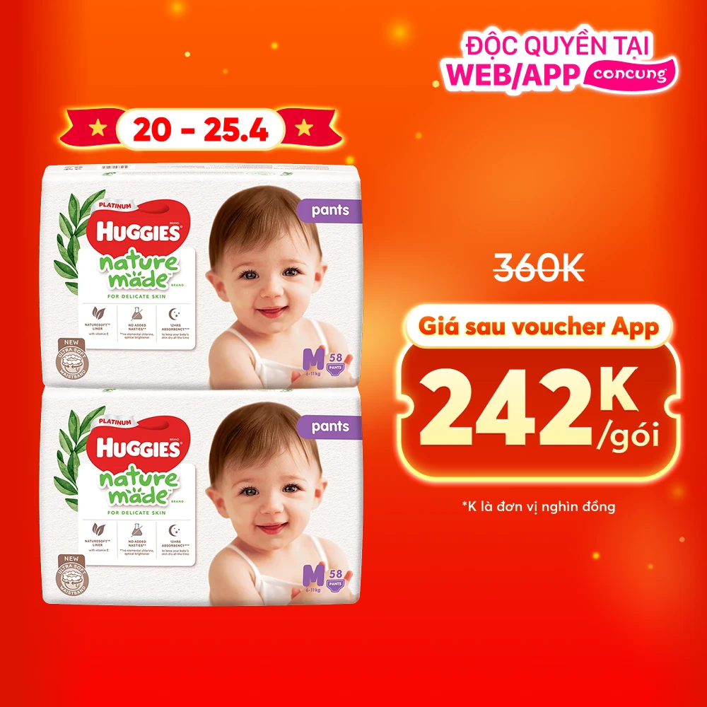 Combo 2 gói Bỉm tã quần Huggies Platinum Nature Made M size 58 miếng (6-11kg)
