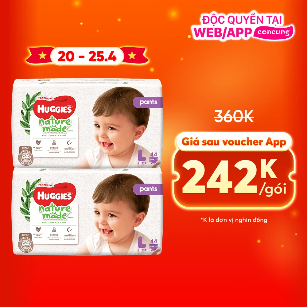 Combo 2 gói Bỉm tã quần Huggies Platinum Nature Made L size 44 miếng (9-14kg)