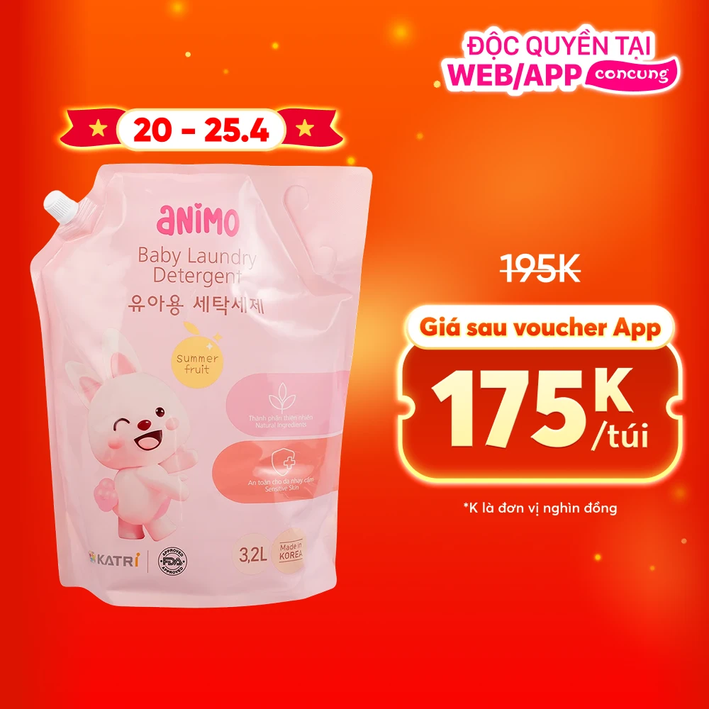 Nước giặt cho bé Animo  hương trái cây mùa hè túi refill 3,2L