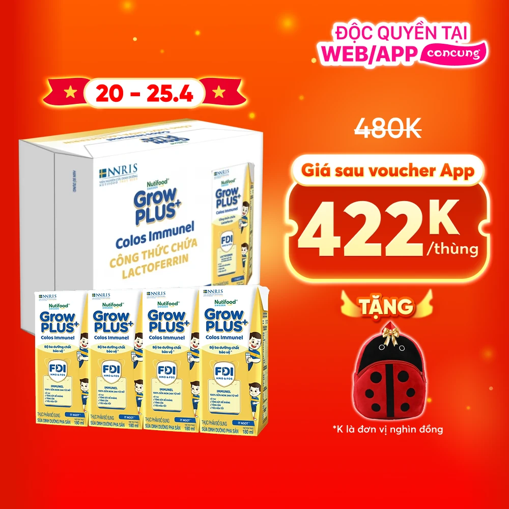 Thùng Sữa dinh dưỡng pha sẵn GrowPLUS+ Colos Immunel 180ml, lốc 4 hộp (Từ 1 tuổi)