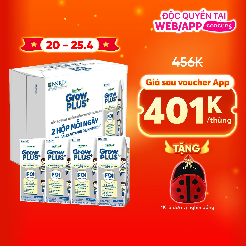 Thùng Sữa dinh dưỡng pha sẵn GrowPLUS+ (Bạc) 180ml, lốc 4 hộp (Từ 1 tuổi)
