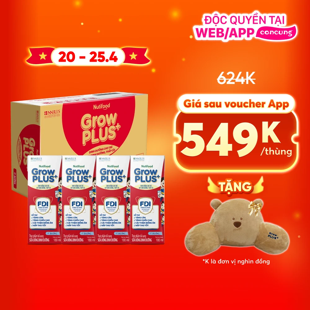 Thùng Sữa GrowPLUS+ hộp 180ml (Thùng 12 lốc - lốc 4 hộp)