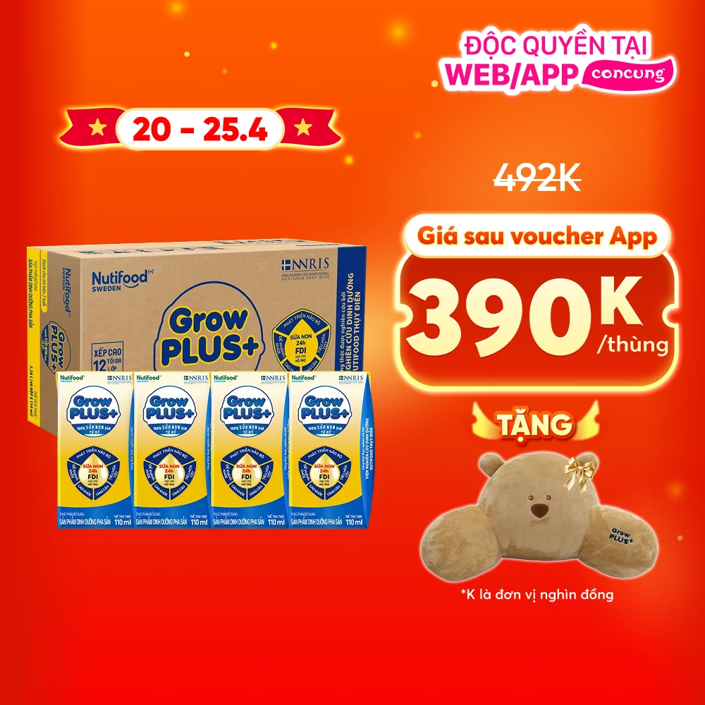 Thùng Sữa GrowPLUS+ Sữa non Vàng hộp 110ml (lốc 4 hộp)