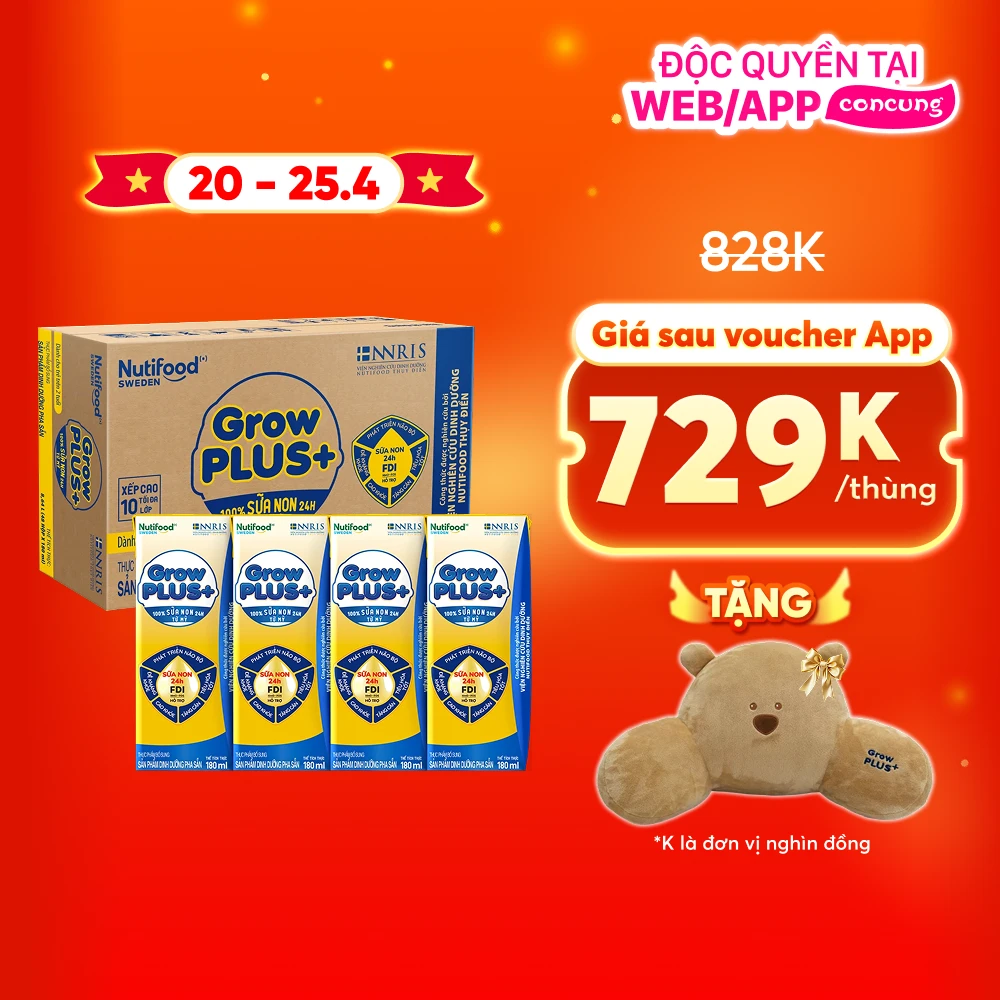 Thùng Sữa GrowPLUS+ Sữa non Vàng 1+ 180ml (lốc 4 hộp)