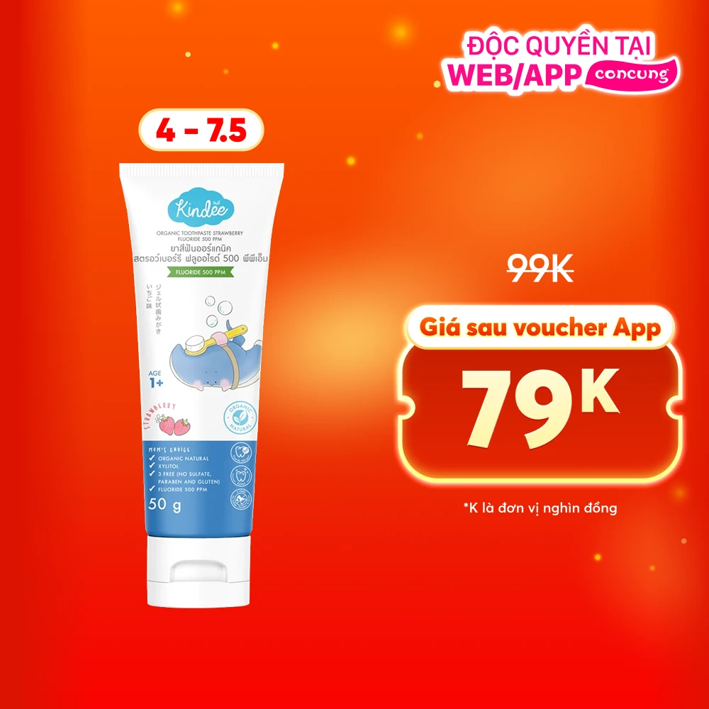Kem đánh răng hữu cơ hương dâu Kindee  Flouride 500ppm (50g)