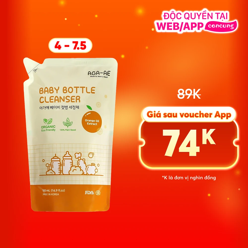 Nước rửa bình sữa AGA-AE hương cam - Túi 500ml (Giao bao bì ngẫu nhiên)