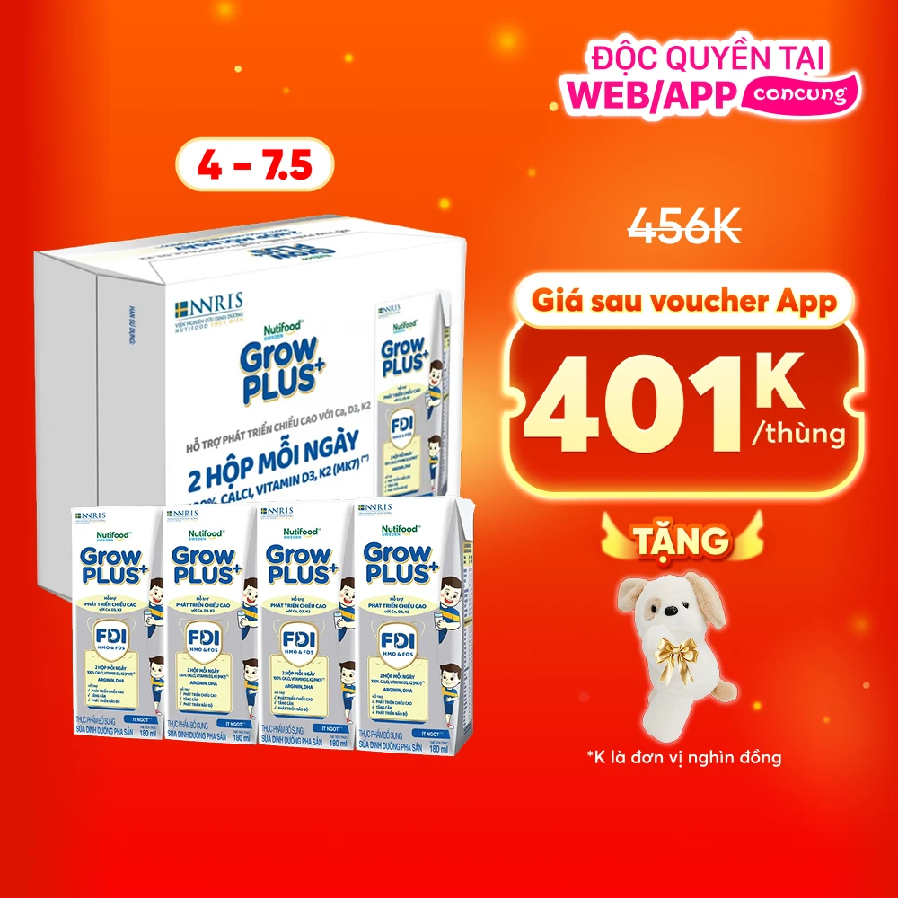 Thùng Sữa dinh dưỡng pha sẵn GrowPLUS+ (Bạc) 180ml, lốc 4 hộp (Từ 1 tuổi)