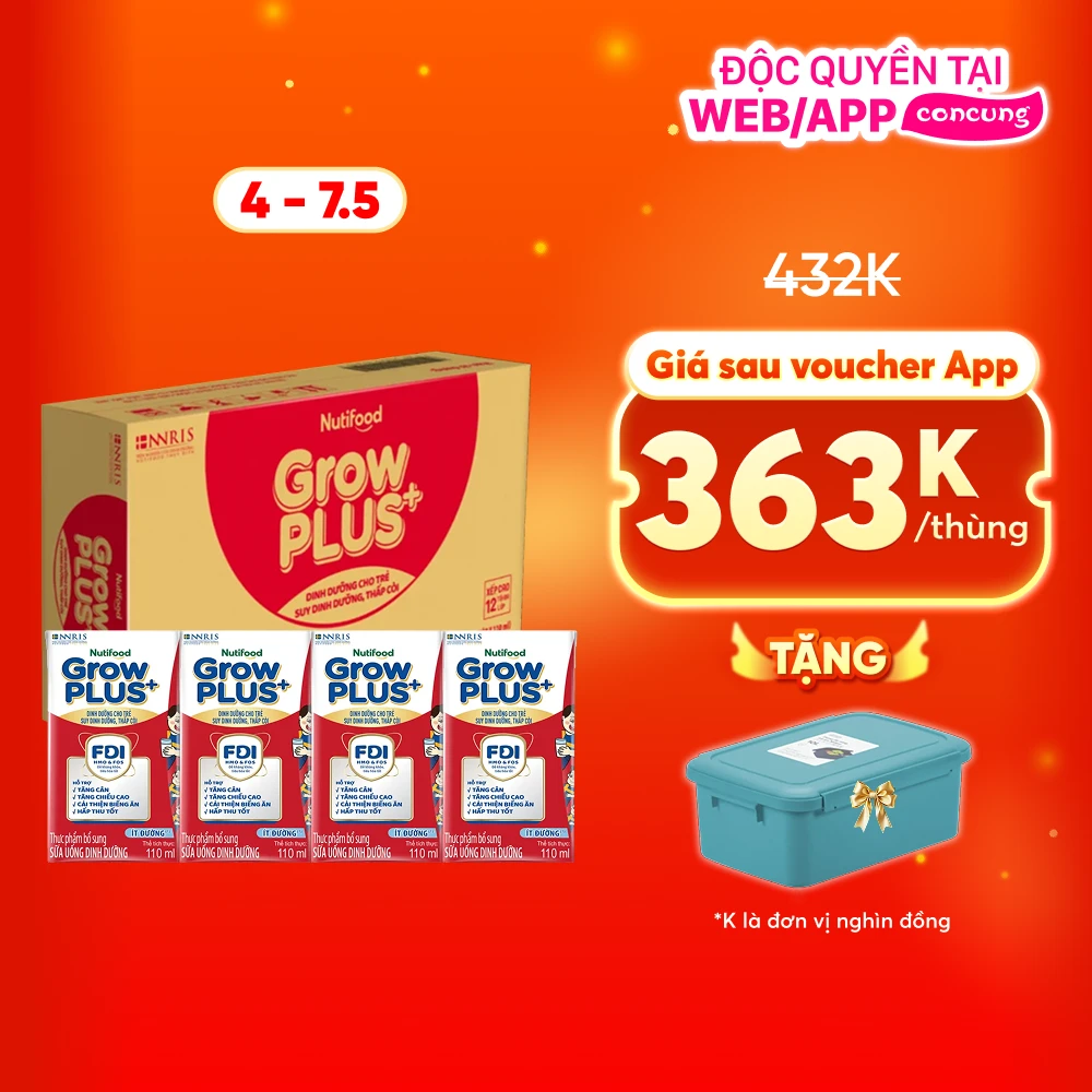 Thùng SPDDPS GrowPLUS 110ml Ít đường (lốc 4 hộp) - 12 lốc