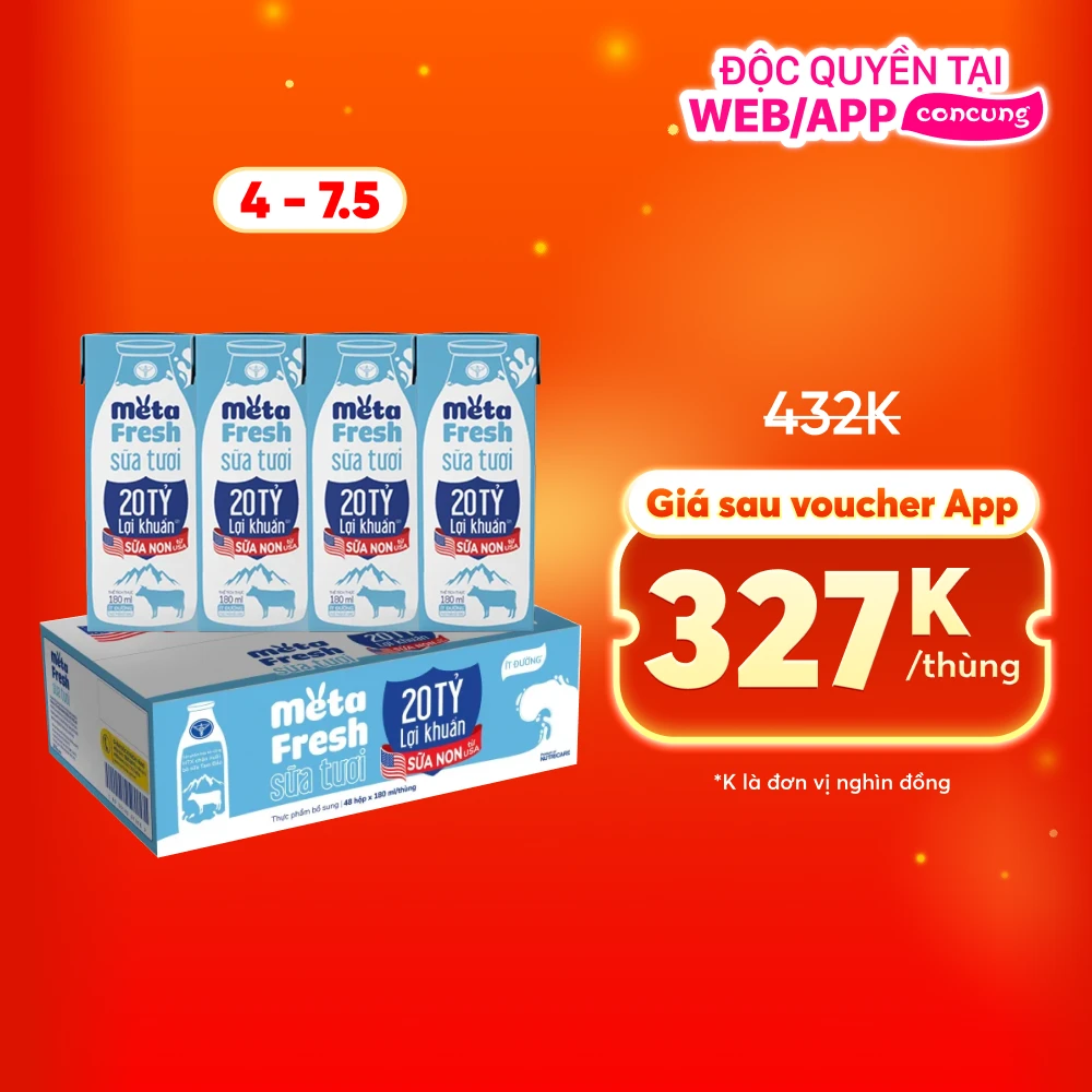 Combo 4 lốc Sữa Tươi Tiệt Trùng MetaFresh Lợi Khuẩn 180ml (lốc 4 hộp)