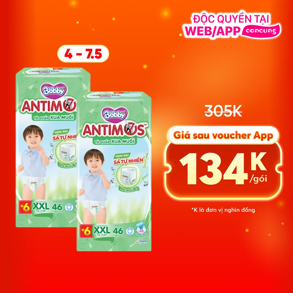 Tã quần Bobby Antimos Xua Muỗi (size XXL, 46+6 miếng)