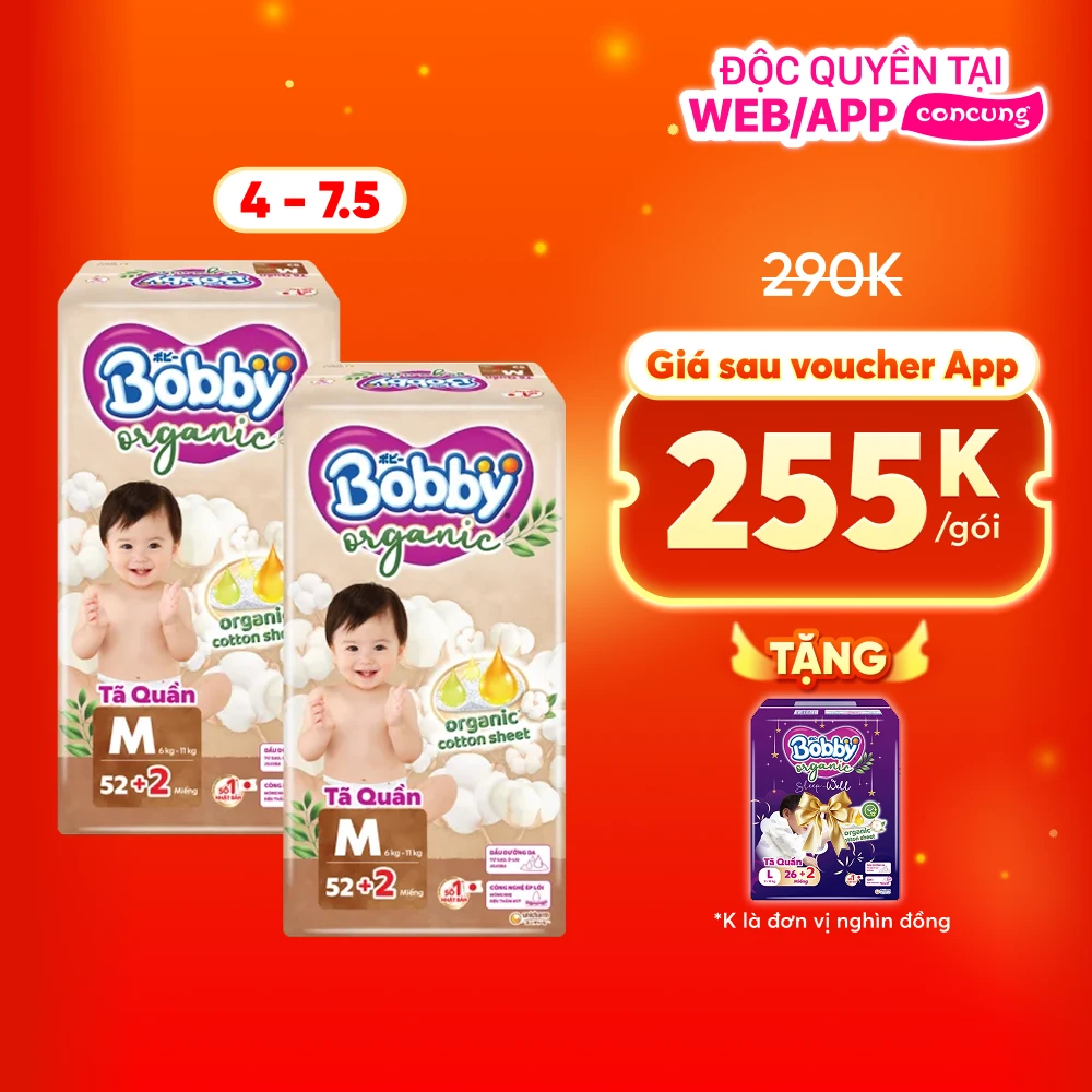 Tã quần Bobby Organic M52 Miếng (+2 miếng)