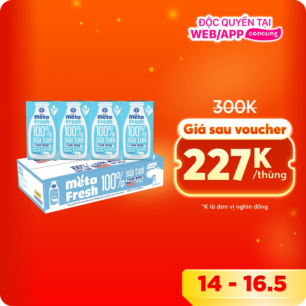 Thùng sữa tươi ít đường bổ sung sữa non Metafresh 110ml, lốc 4 hộp