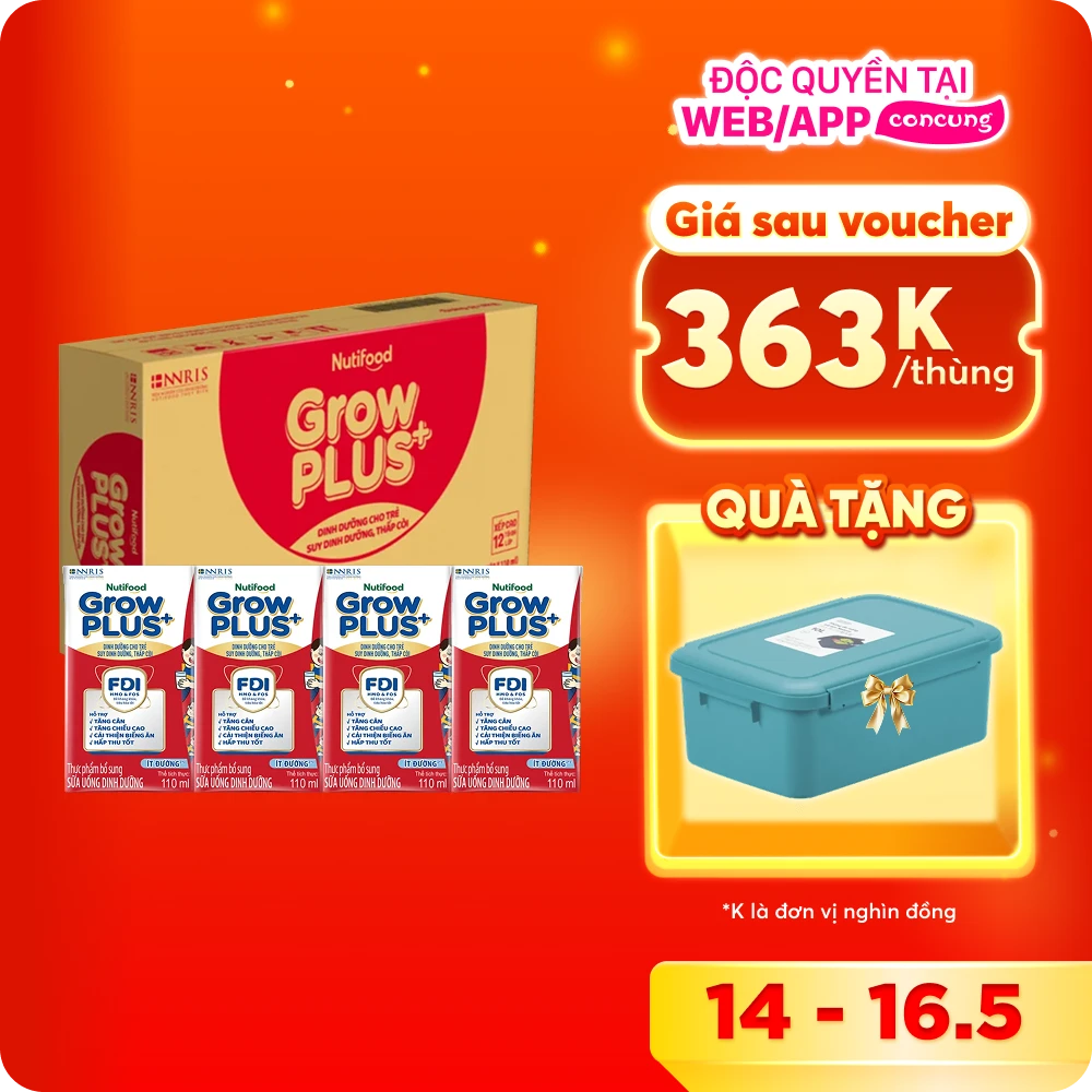 Thùng SPDDPS GrowPLUS 110ml Ít đường (lốc 4 hộp) - 12 lốc