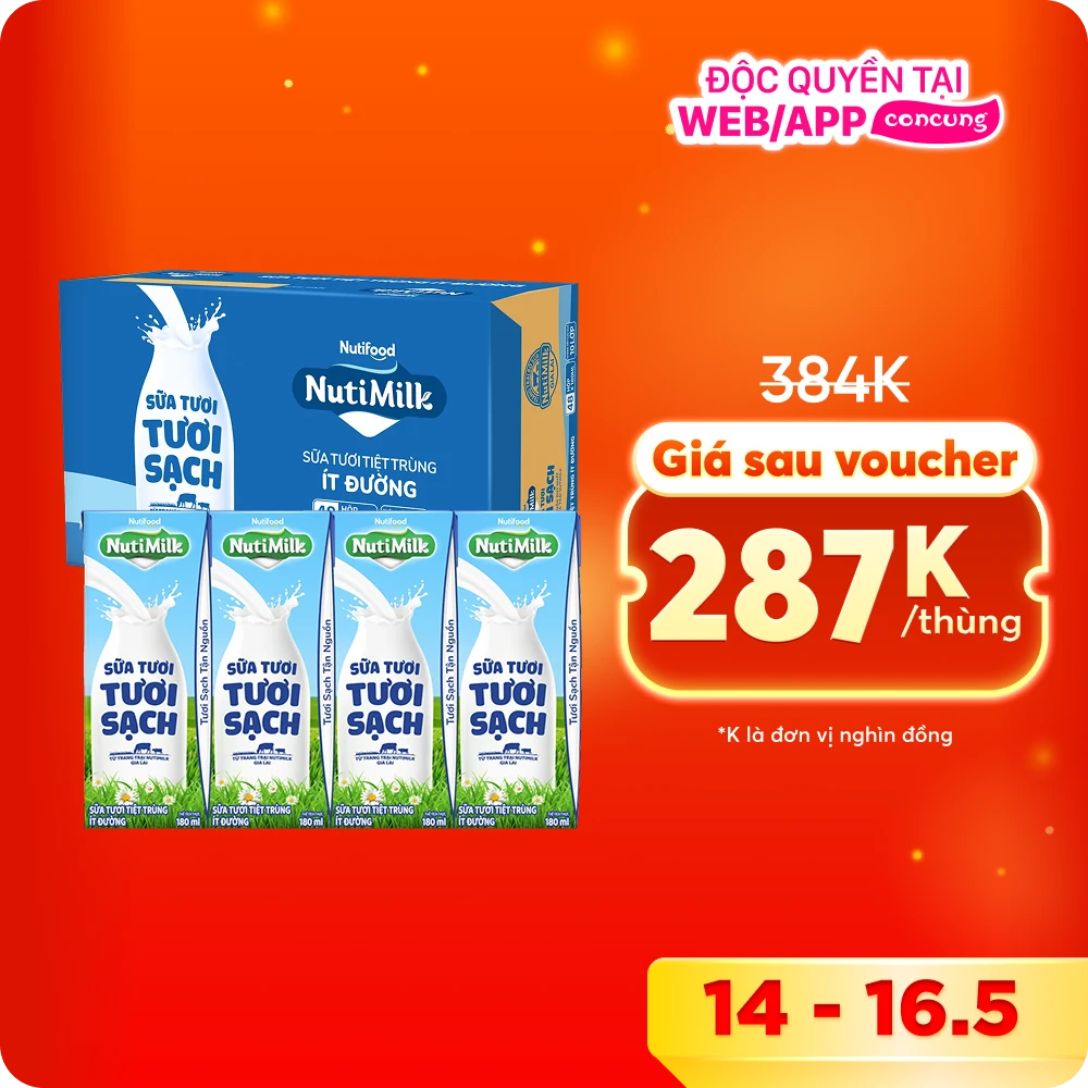 Thùng Sữa tươi sạch tiệt trùng Nutimilk, ít đường, 180ml (lốc 4 hộp)