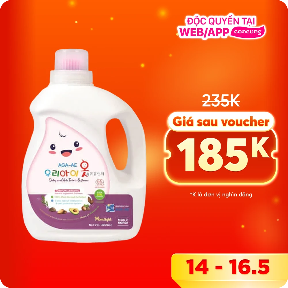 Nước xả làm mềm vải Hàn quốc AGA - AE kháng khuẩn & bảo vệ da bé - Moonlight 3L
