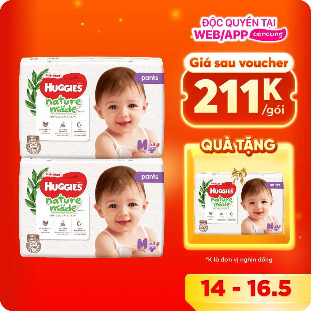 Combo 2 gói Bỉm tã quần Huggies Platinum Nature Made M size 58 miếng (6-11kg)