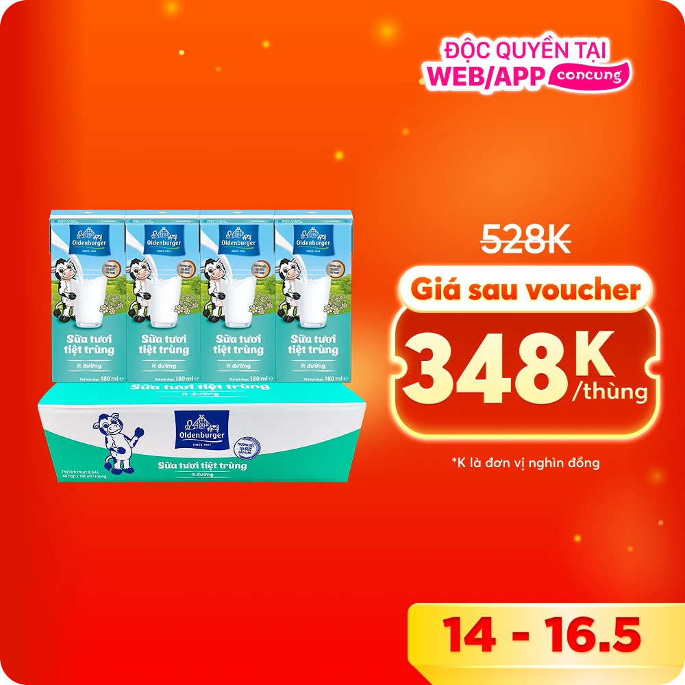 Thùng Sữa tươi tiệt trùng Oldenburger ít đường 180ml (lốc 4 hộp)