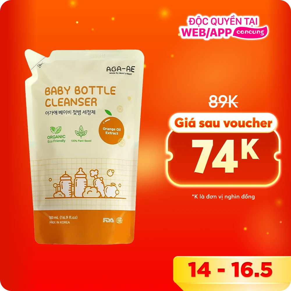 Nước rửa bình sữa AGA-AE hương cam - Túi 500ml (Giao bao bì ngẫu nhiên)