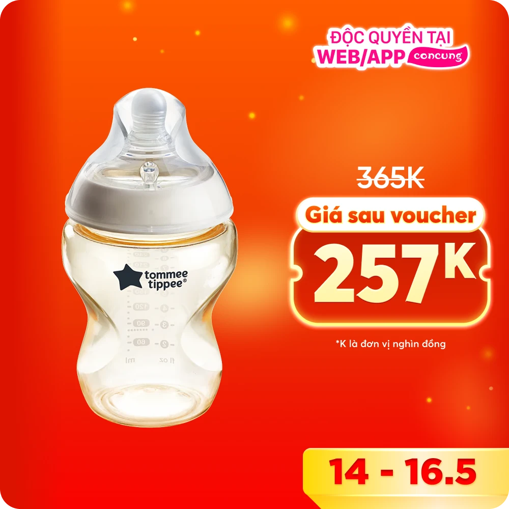 Bình Sữa PPSU Ty Siêu Mềm Tự Nhiên Tommee Tippee Natural Start 260ml, Núm Ty Đi Kèm 3-6 Tháng