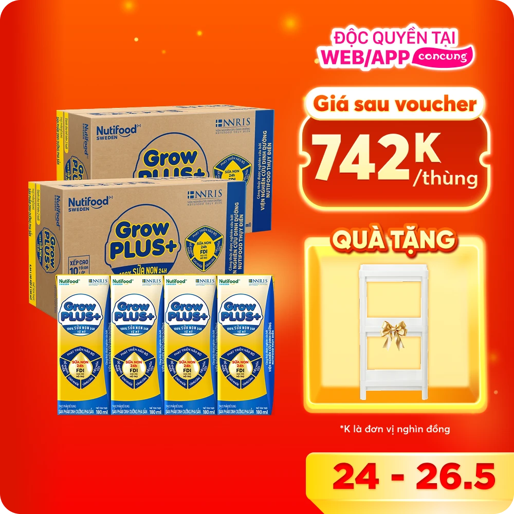 Combo 2 thùng Sữa GrowPLUS+ Sữa non Vàng 2+ hộp 180ml (lốc 4 hộp)