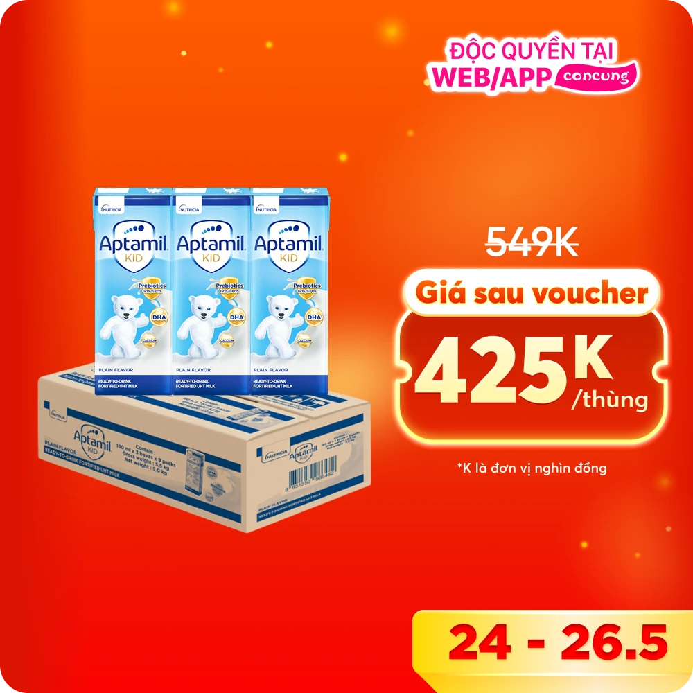 Thùng Sữa dinh dưỡng pha sẵn Aptamil Kid 180ml, lốc 3 hộp (Từ 1 tuổi)