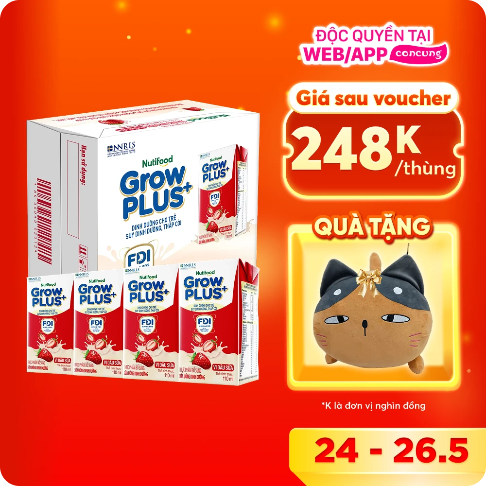 Thùng Sữa bột pha sẵn GrowPLUS+ vị dâu 110ml (lốc 4 hộp) (Trên 1 tuổi)