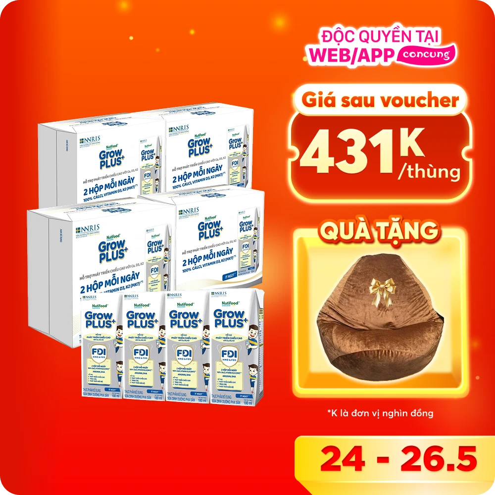 4 Thùng Sữa dinh dưỡng pha sẵn GrowPLUS+ (Bạc) 180ml, lốc 4 hộp (Từ 1 tuổi)