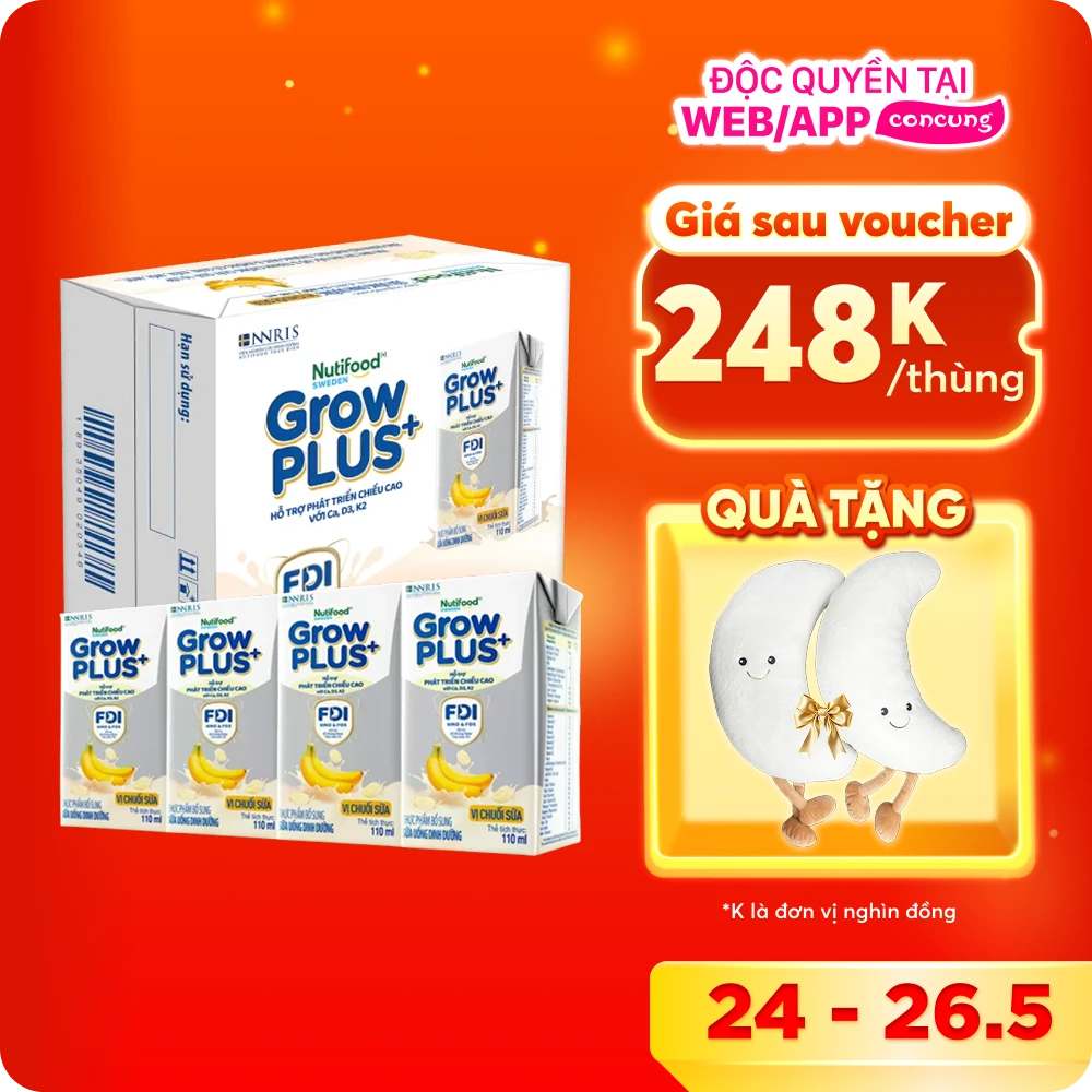 Thùng Sữa bột pha sẵn GrowPLUS+ vị chuối 110ml (lốc 4 hộp) (Trên 1 tuổi)