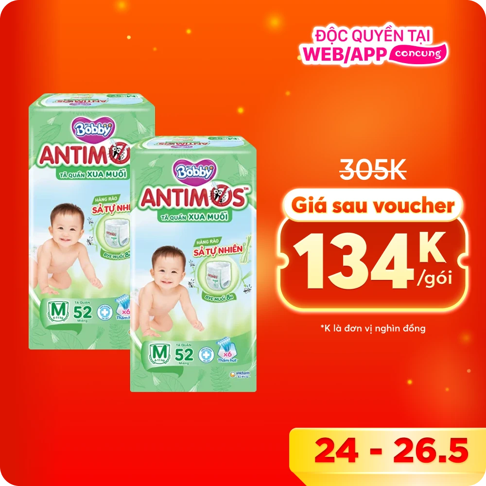 Combo 2 Tã quần Bobby Antimos Xua Muỗi (size M, 52 miếng)