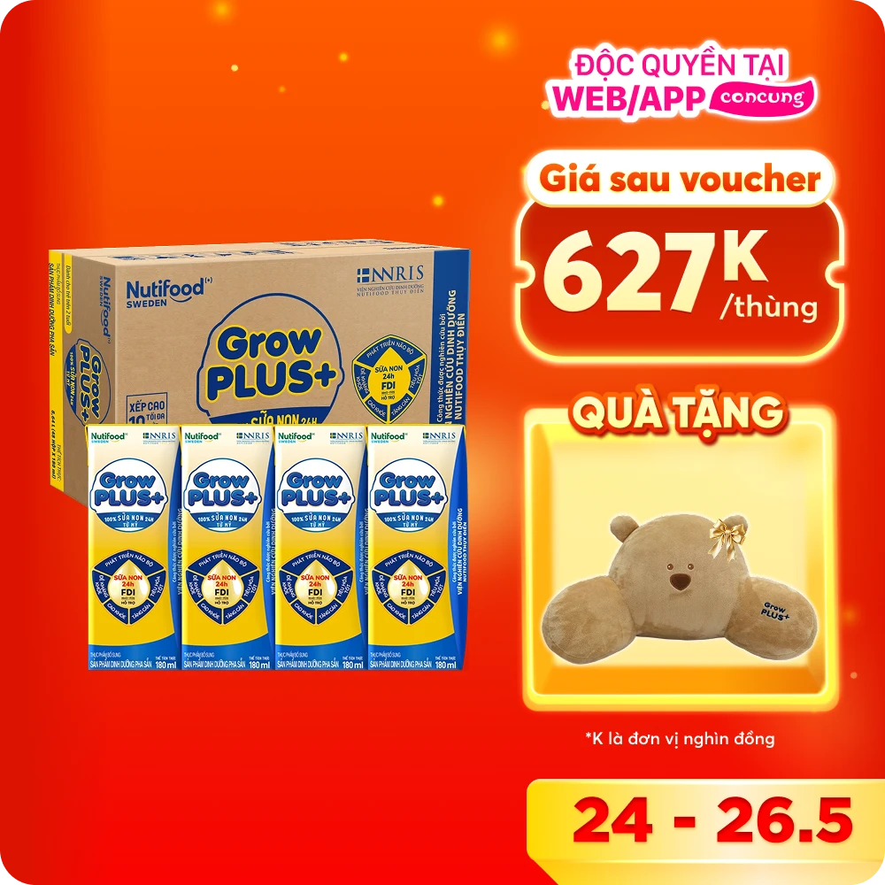 Thùng Sữa GrowPLUS+ Sữa non Vàng 2+ hộp 180ml (lốc 4 hộp)