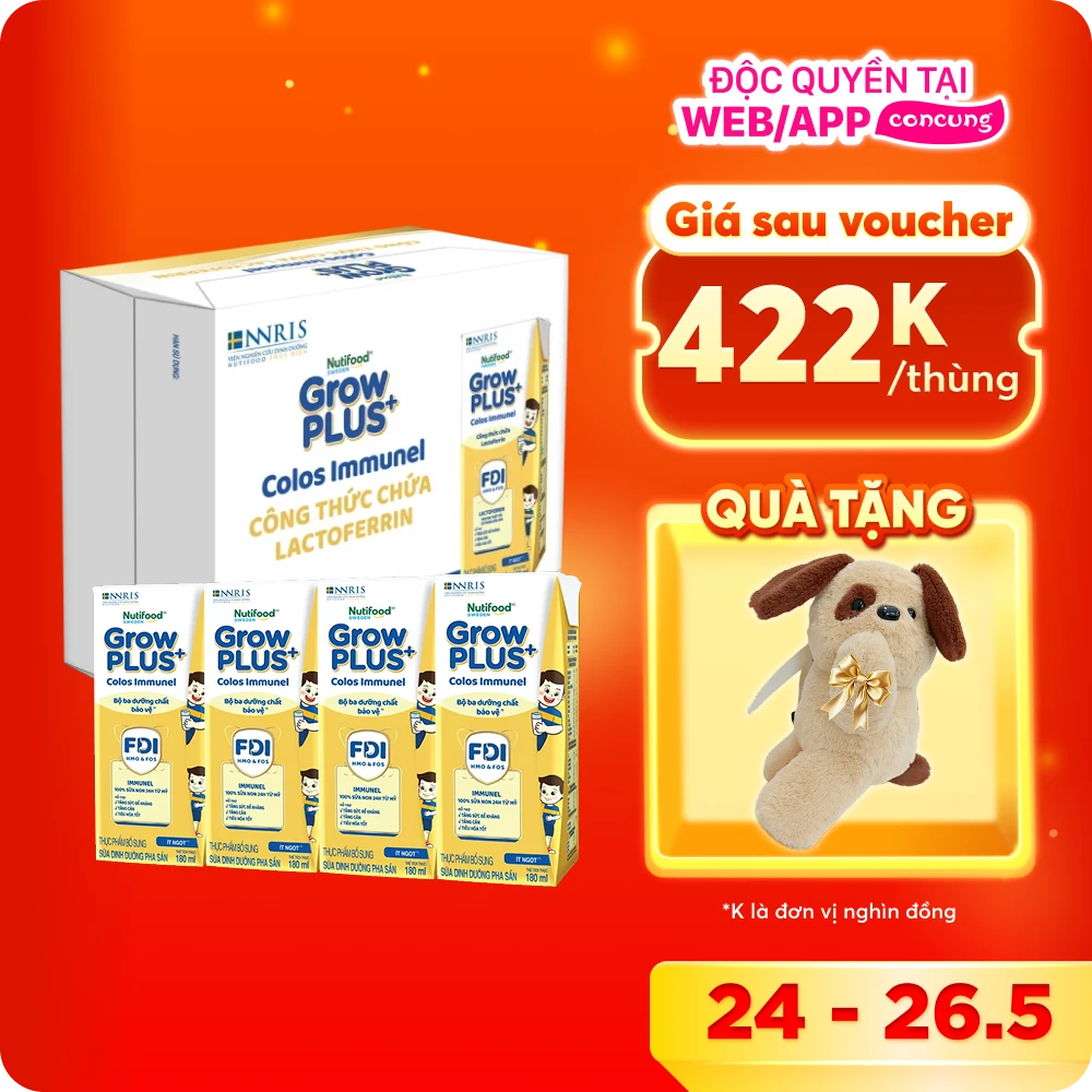Thùng Sữa dinh dưỡng pha sẵn GrowPLUS+ Colos Immunel 180ml, lốc 4 hộp (Từ 1 tuổi)