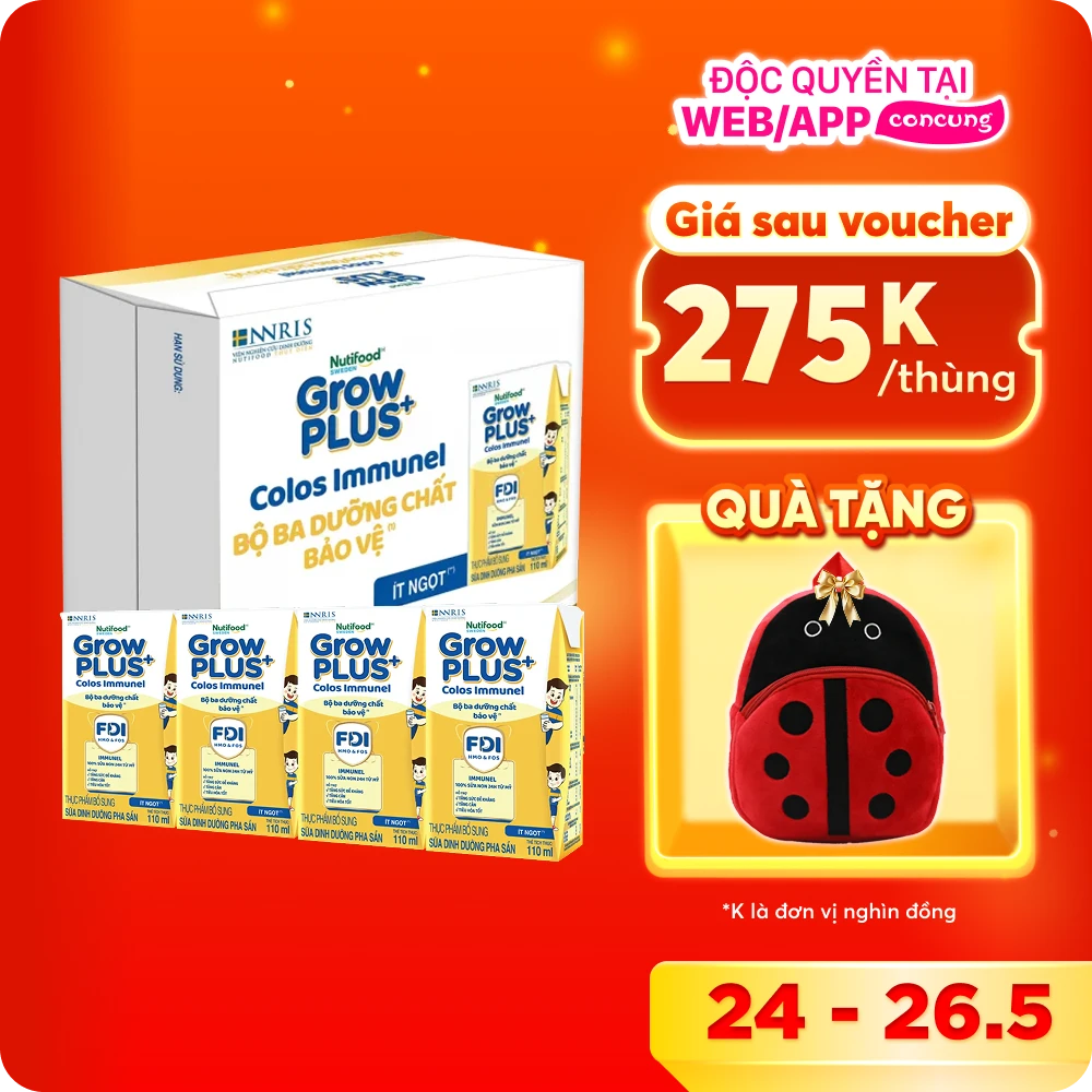 Thùng Sữa dinh dưỡng pha sẵn GrowPLUS+ Colos Immunel 110ml, lốc 4 hộp (Từ 1 tuổi)